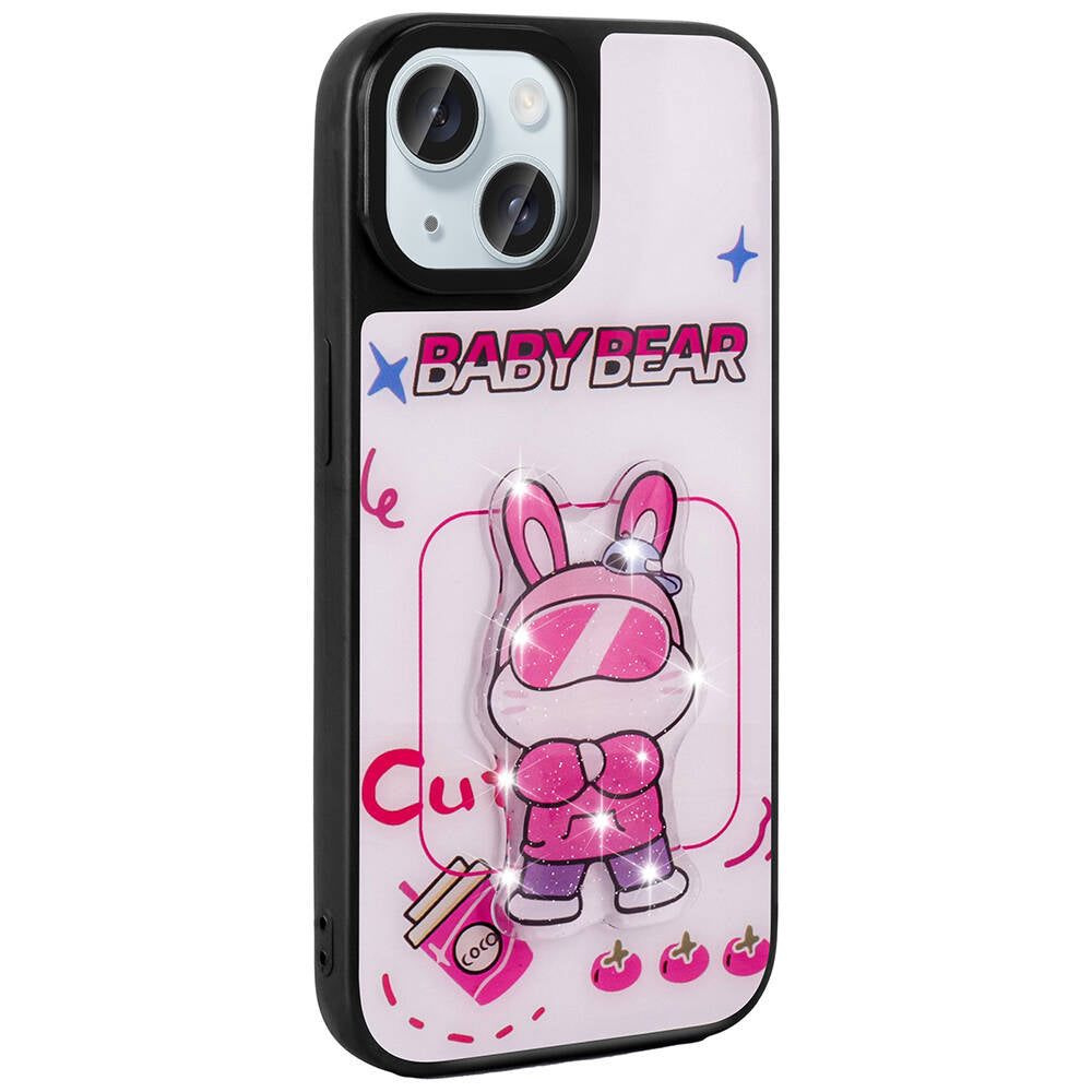 Apple iPhone 15 Kılıf Parlayan Kabartmalı İkonik Figürlü Zore Amas Silikon Kapak Siyah