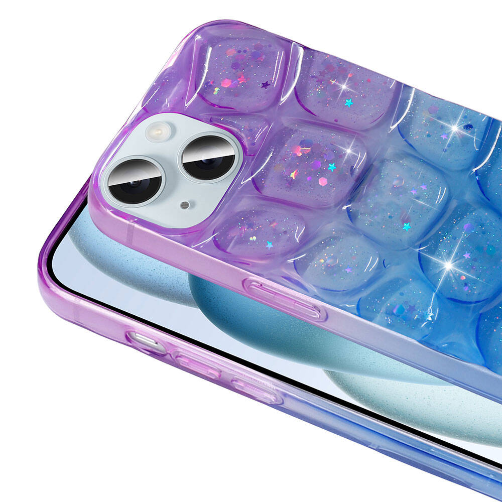 Apple iPhone 15 Kılıf Simli 3D Desenli Zore Hacar Kapak Mor-Mavi