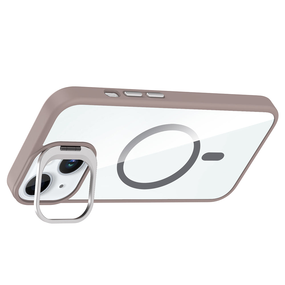 Apple iPhone 15 Kılıf Standlı ve Kamera Lens Hediyeli M-Safe Şarj Özellikli Zore Etro Kapak Pembe