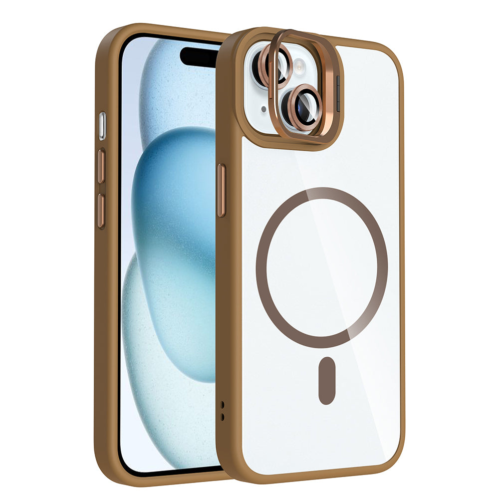 Apple iPhone 15 Kılıf Standlı ve Kamera Lens Hediyeli M-Safe Şarj Özellikli Zore Etro Kapak Gri