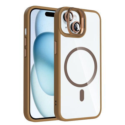 Apple iPhone 15 Kılıf Standlı ve Kamera Lens Hediyeli M-Safe Şarj Özellikli Zore Etro Kapak Lacivert