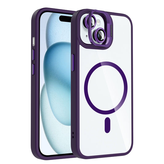 Apple iPhone 15 Kılıf Standlı ve Kamera Lens Hediyeli M-Safe Şarj Özellikli Zore Etro Kapak Derin Mor