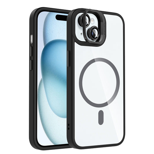 Apple iPhone 15 Kılıf Standlı ve Kamera Lens Hediyeli M-Safe Şarj Özellikli Zore Etro Kapak Siyah