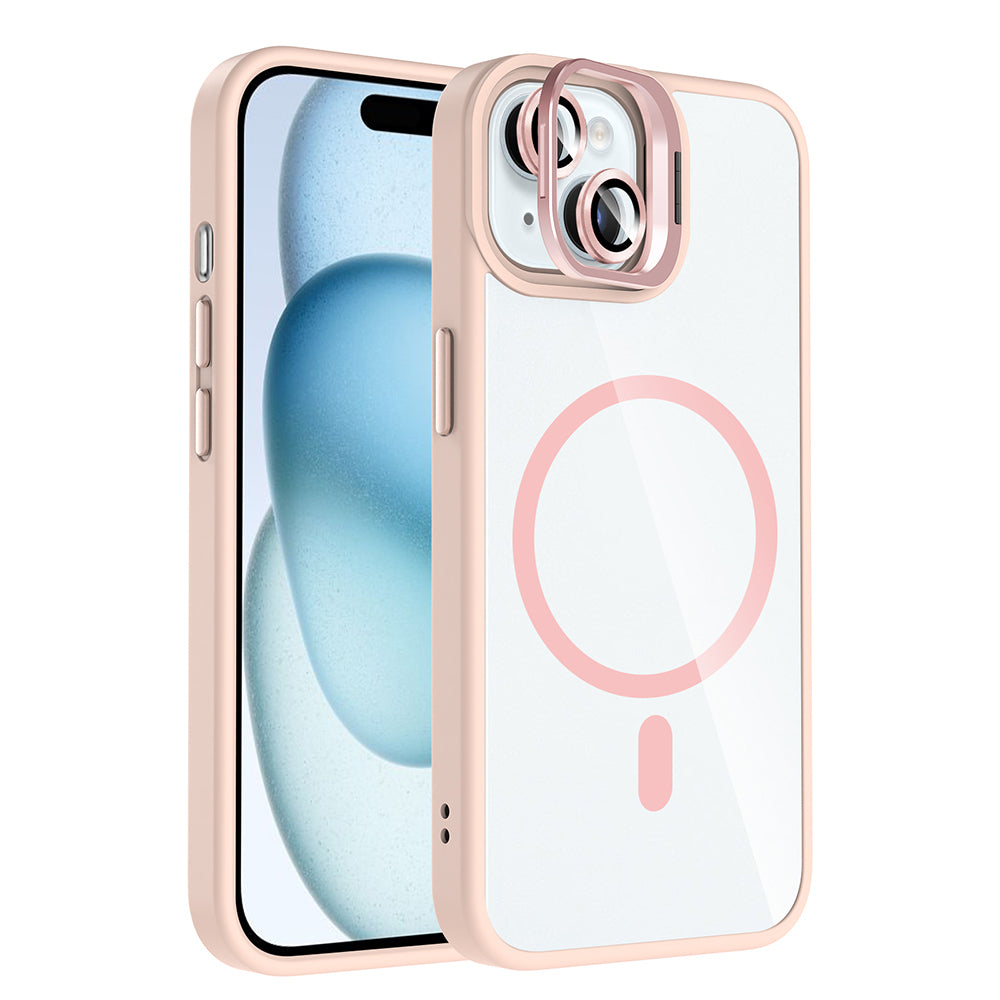 Apple iPhone 15 Kılıf Standlı ve Kamera Lens Hediyeli M-Safe Şarj Özellikli Zore Etro Kapak Pembe