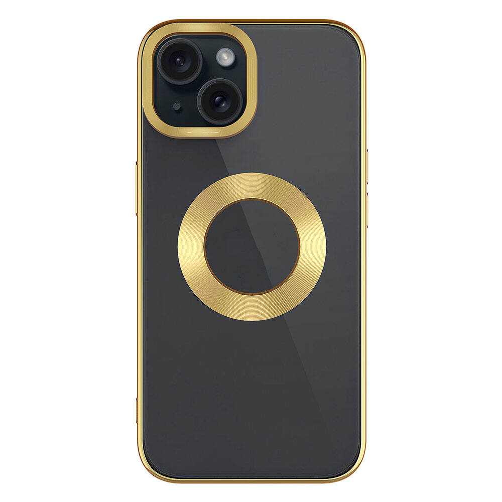 Apple iPhone 15 Kılıf Tek Kamera Çerçeveli Logo Gösteren Zore Omega Kapak Gold