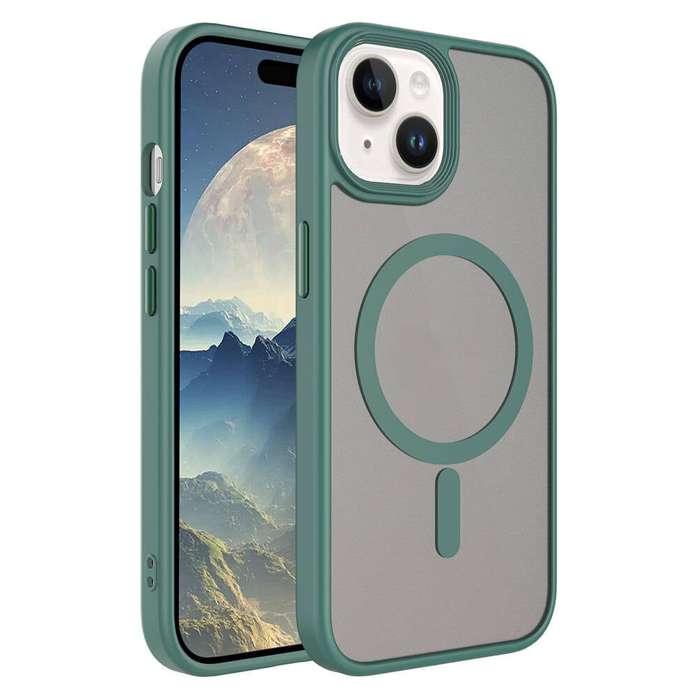 Apple iPhone 15 Plus Kılıf Mat Arka Yüzey Wireless Şarj Özellikli Zore Flet M-safe Kapak Yeşil