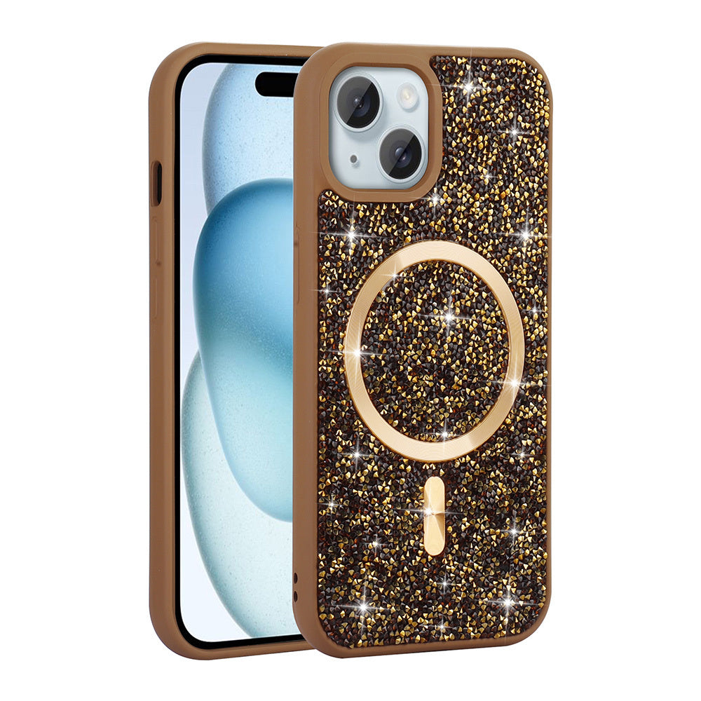 Apple iPhone 15 Plus Kılıf Pırlanta Tasarımlı M-safe Şarj Özellikli Zore Mozaik Silikon Kapak Desert Titanyum