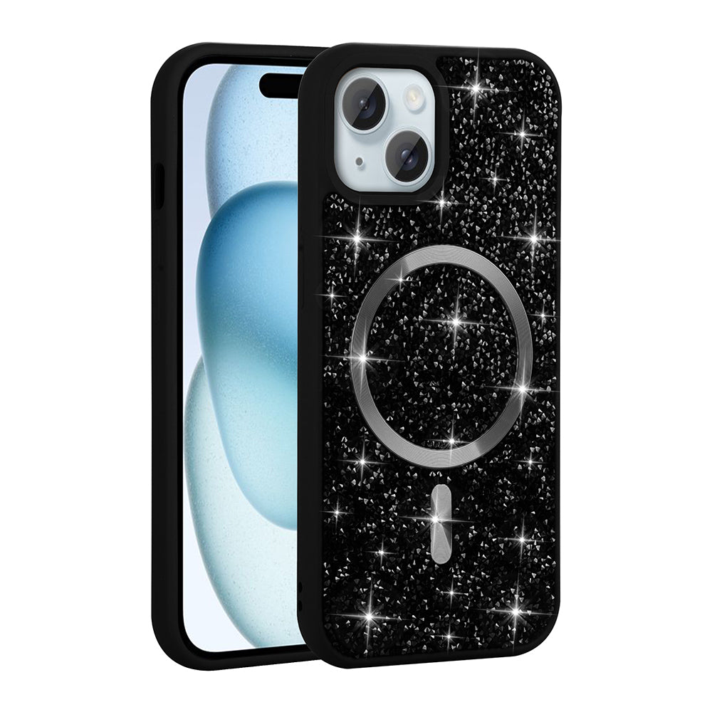 Apple iPhone 15 Plus Kılıf Pırlanta Tasarımlı M-safe Şarj Özellikli Zore Mozaik Silikon Kapak Desert Titanyum