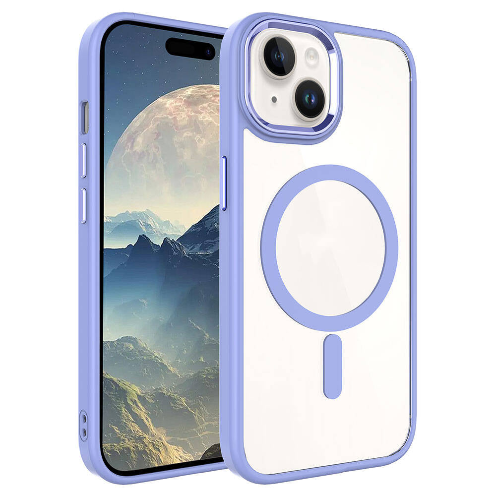 Apple iPhone 15 Plus Kılıf Wireless Şarj Özellikli Zore Krom M-safe Silikon Kapak Lila