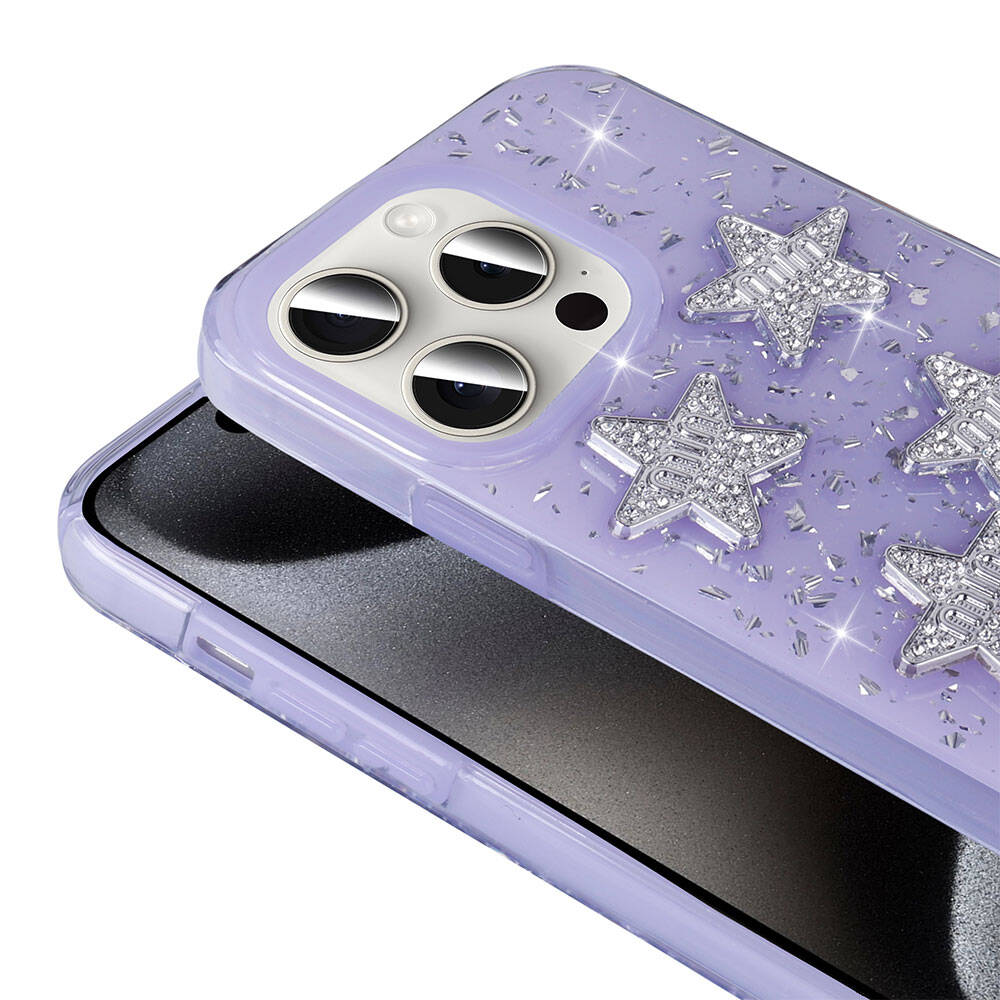 Apple iPhone 15 Pro Kılıf Airbagli Simli Arka Yüzey Zore Işıltı Silikon Kapak Beyaz-Yıldız