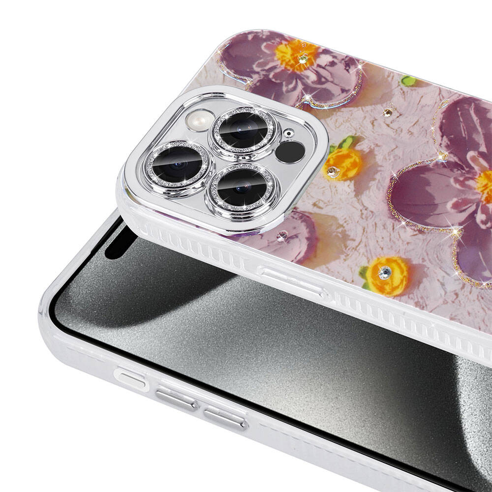 Apple iPhone 15 Pro Kılıf Çiçek Desenli Parlak Taşlı Sert Silikon Zore Garden Kapak Colorful