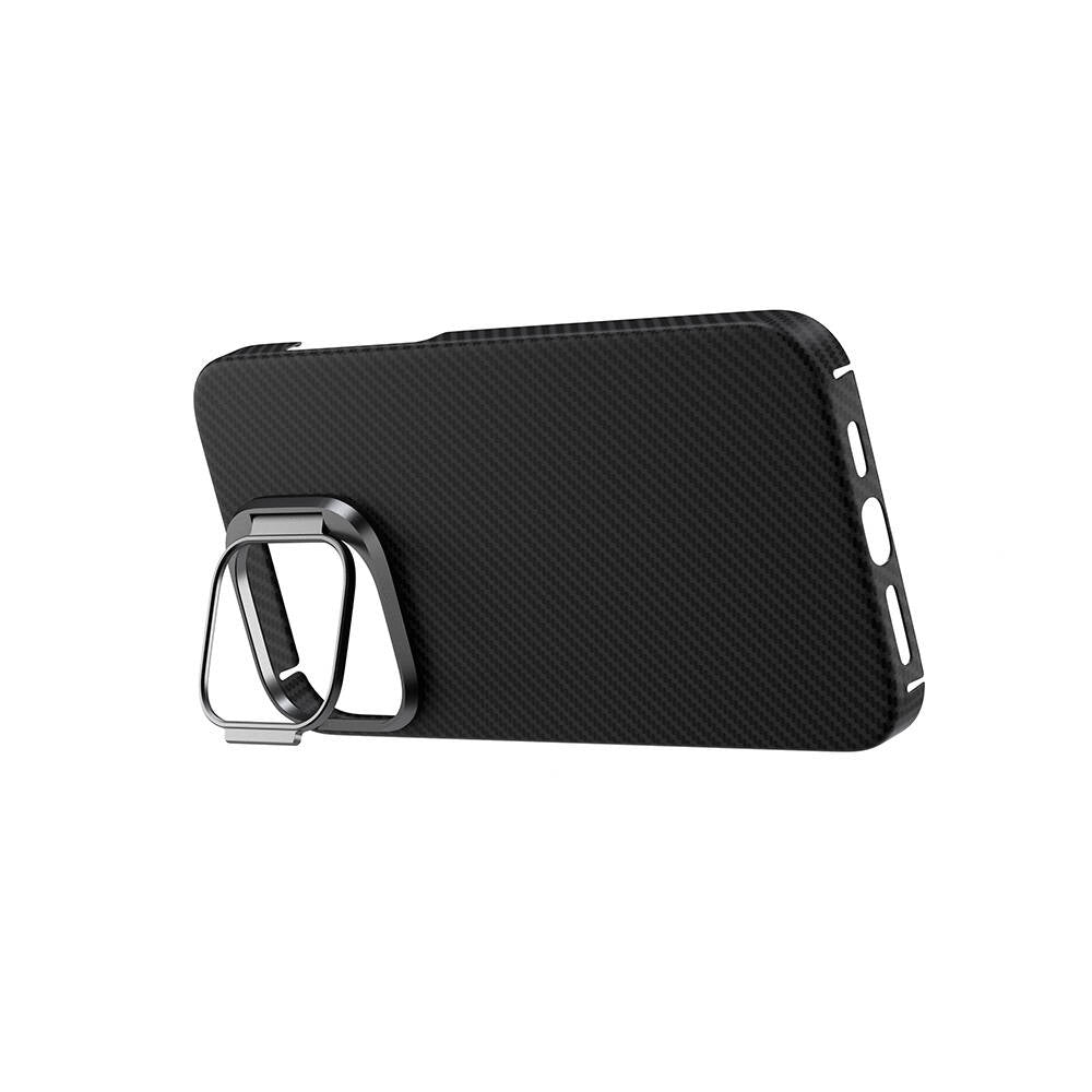 Apple iPhone 15 Pro Kılıf M-safe Şarj Özellikli 600D Kevlar Zore Krek Karbon Standlı Kapak Siyah