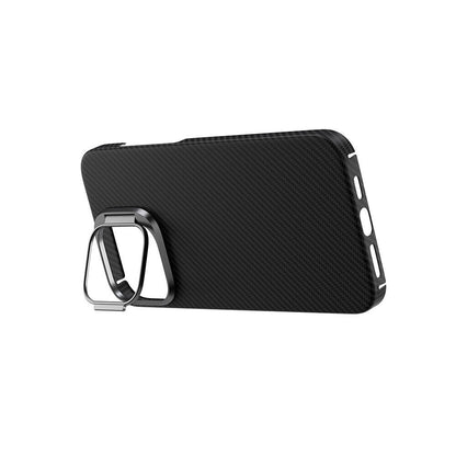 Apple iPhone 15 Pro Kılıf M-safe Şarj Özellikli 600D Kevlar Zore Krek Karbon Standlı Kapak Siyah