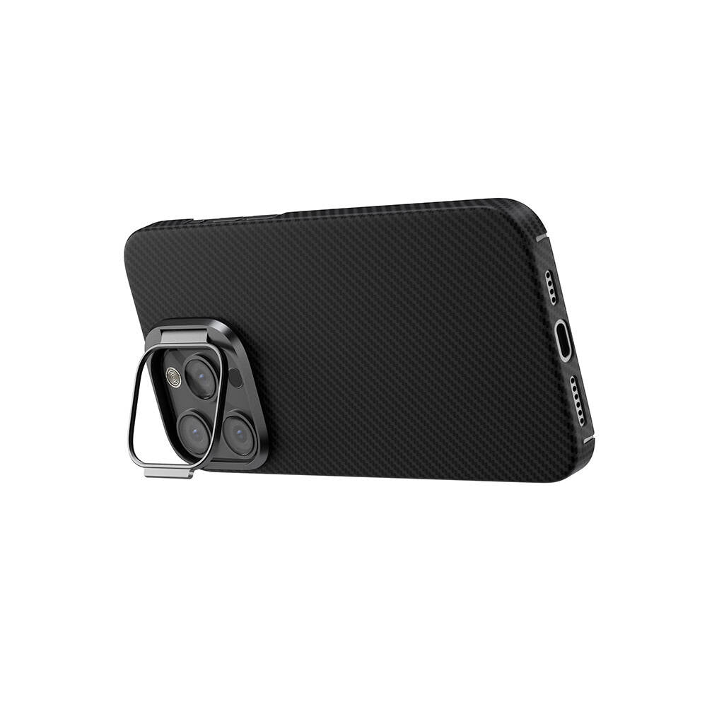 Apple iPhone 15 Pro Kılıf M-safe Şarj Özellikli 600D Kevlar Zore Krek Karbon Standlı Kapak Siyah