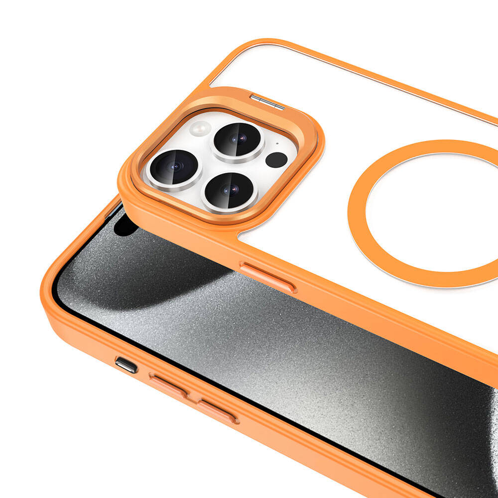 Apple iPhone 15 Pro Kılıf M-safe Şarj Özellikli Standlı Zore M-safe Klon Lensli Kapak Turuncu