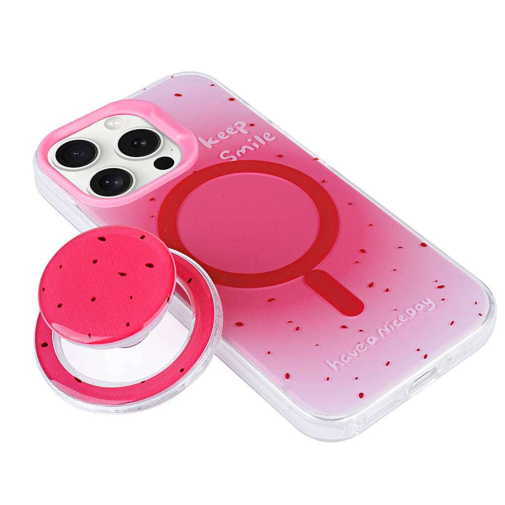 Apple iPhone 15 Pro Kılıf M-safe Şarj Özellikli Tak-Çıkar Pop Soketli Zore Tiktok Kapak Pembe Koyu