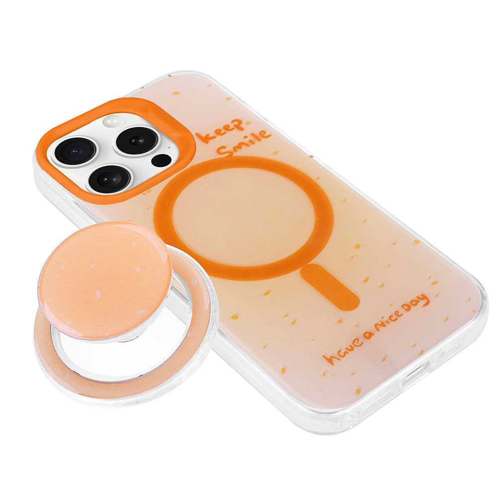 Apple iPhone 15 Pro Kılıf M-safe Şarj Özellikli Tak-Çıkar Pop Soketli Zore Tiktok Kapak Turuncu