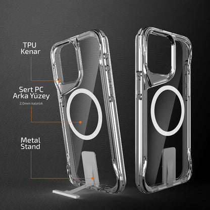 Apple iPhone 15 Pro Kılıf M-safe Şarj Özellikli Zore T-Max Standlı Kapak Renksiz