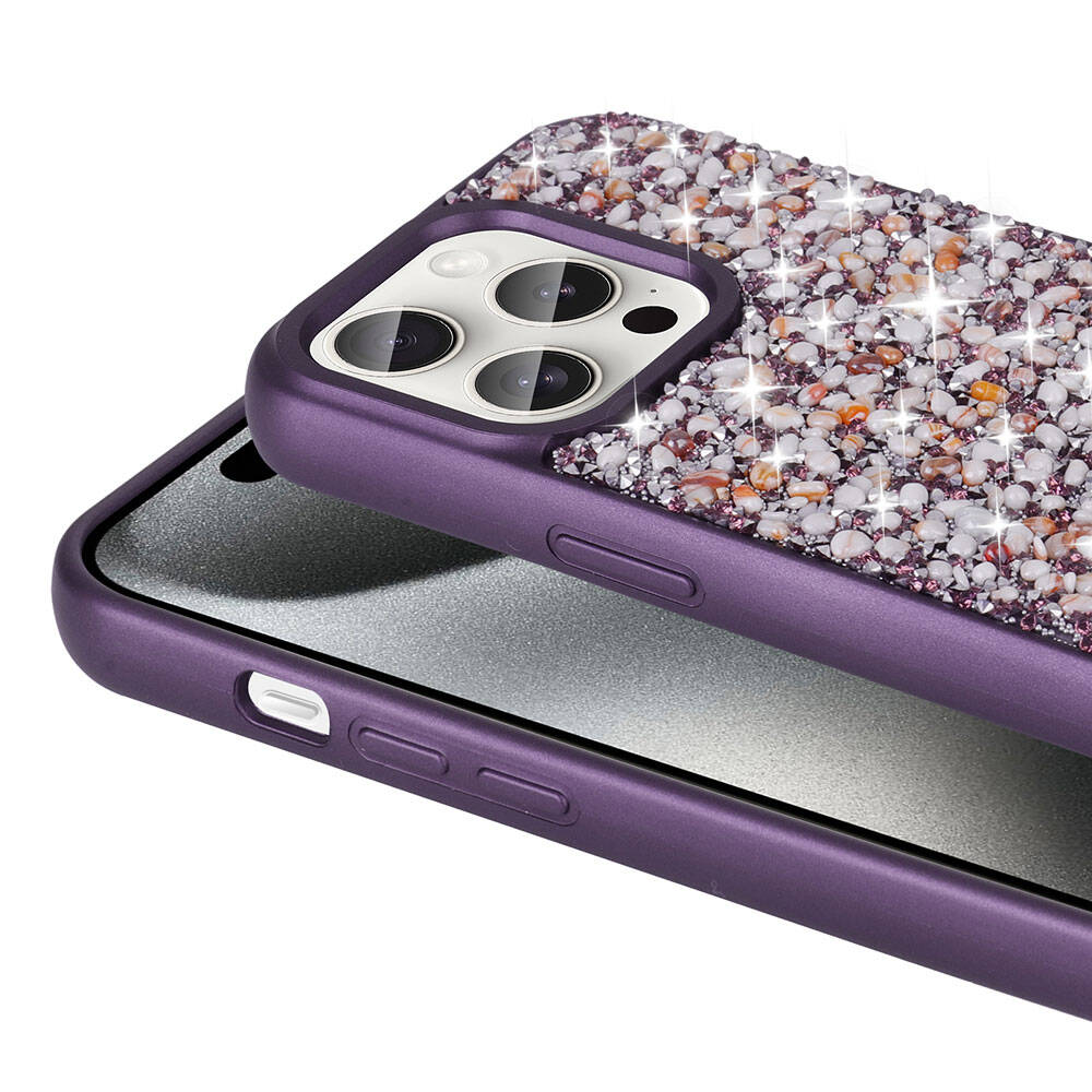 Apple iPhone 15 Pro Kılıf Parlak Taşlı Tasarım Zore Linea Diamond Kapak Mavi Açık