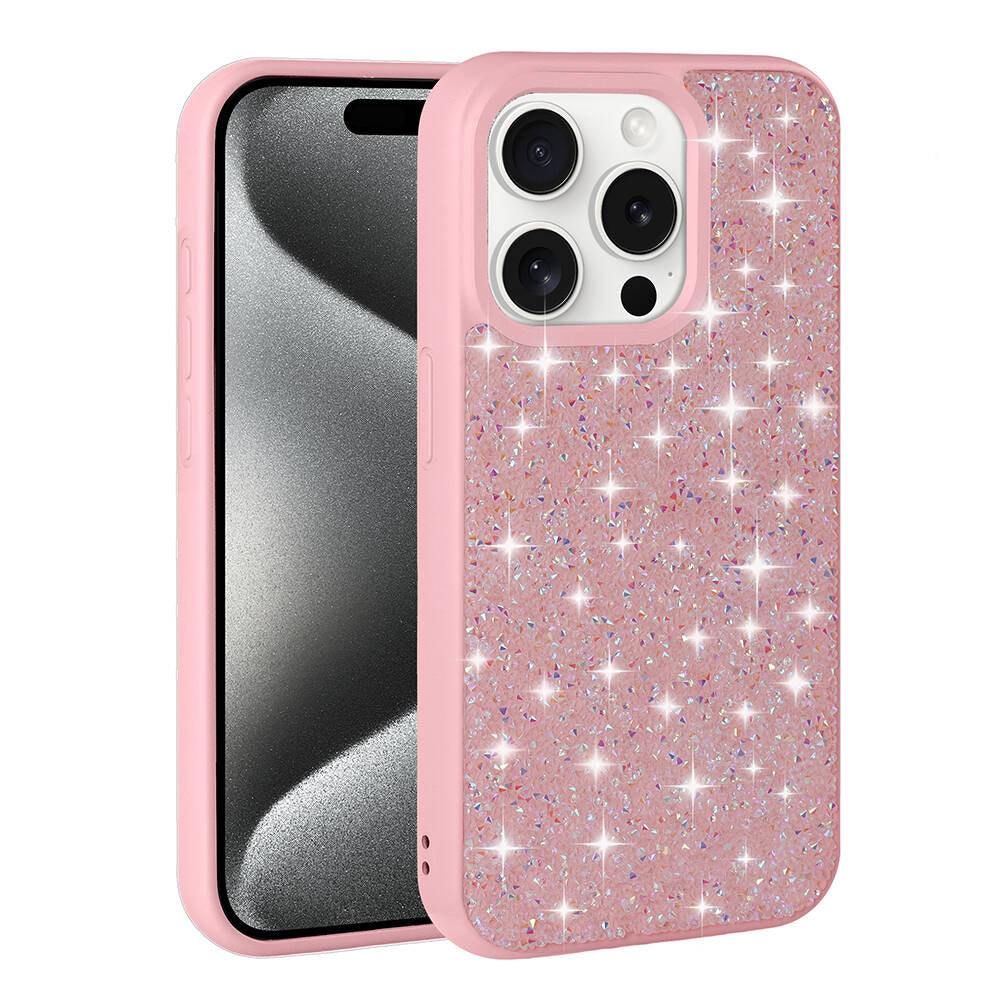 Apple iPhone 15 Pro Kılıf Parlak Taşlı Tasarım Zore Pırlanta Kapak Pembe