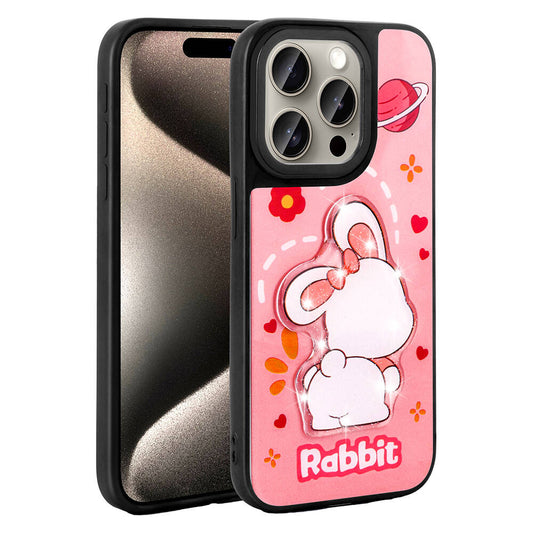 Apple iPhone 15 Pro Kılıf Parlayan Kabartmalı İkonik Figürlü Zore Amas Silikon Kapak Pembe