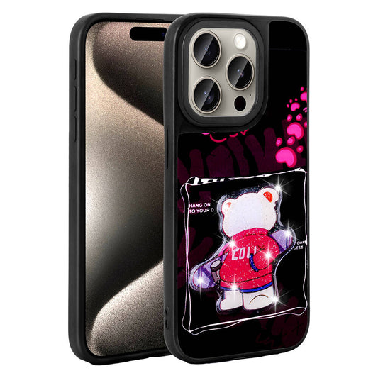 Apple iPhone 15 Pro Kılıf Parlayan Kabartmalı İkonik Figürlü Zore Amas Silikon Kapak Pembe