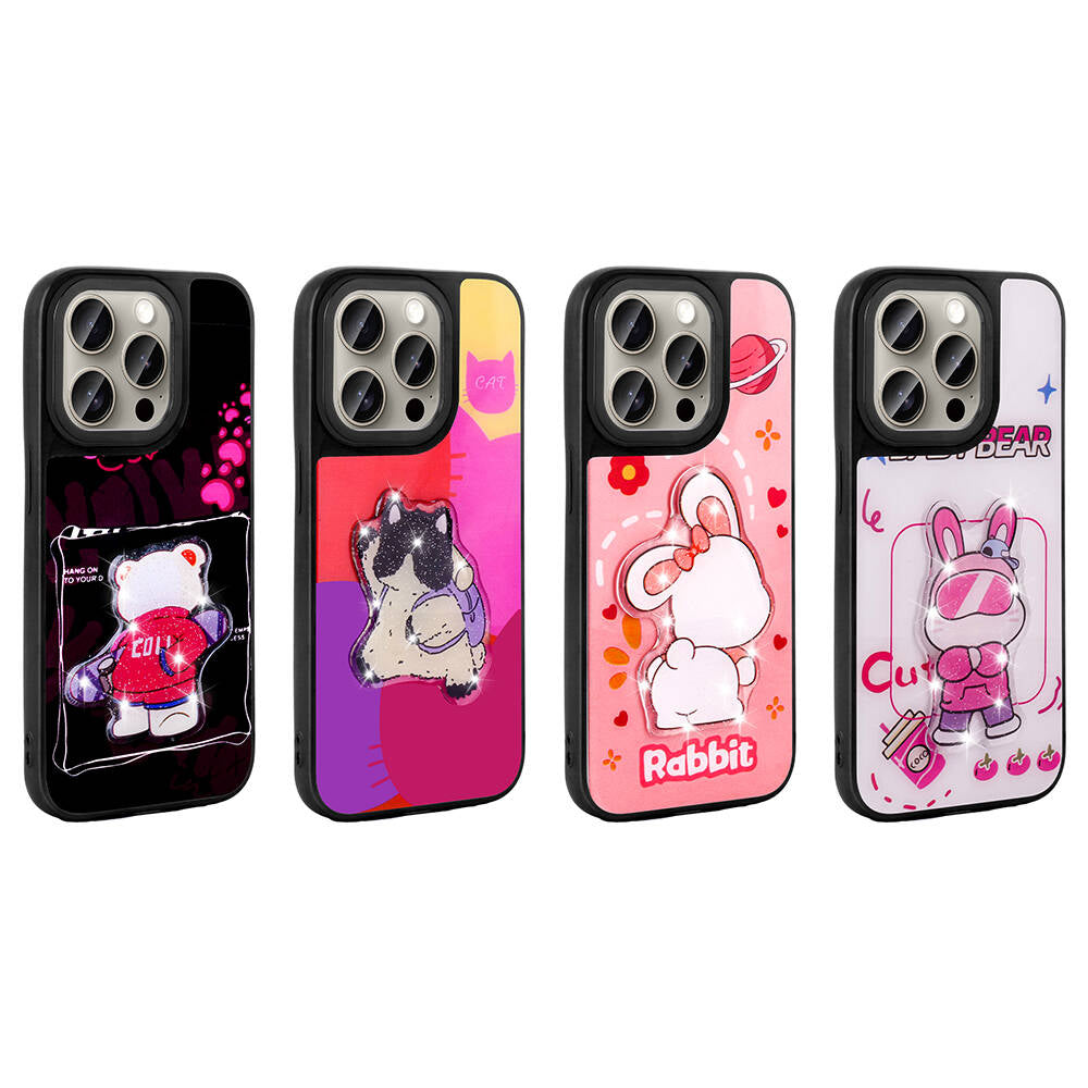 Apple iPhone 15 Pro Kılıf Parlayan Kabartmalı İkonik Figürlü Zore Amas Silikon Kapak Pembe