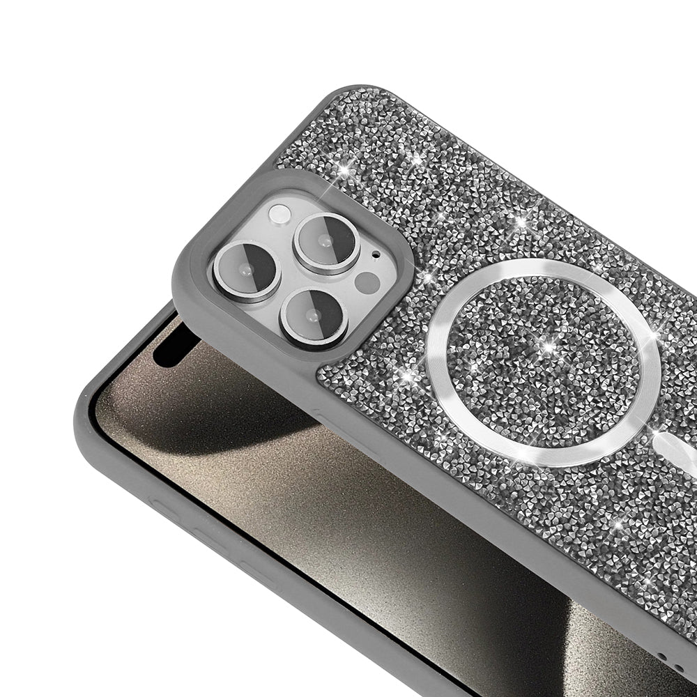 Apple iPhone 15 Pro Kılıf Pırlanta Tasarımlı M-safe Şarj Özellikli Zore Mozaik Silikon Kapak Titanyum-Gri