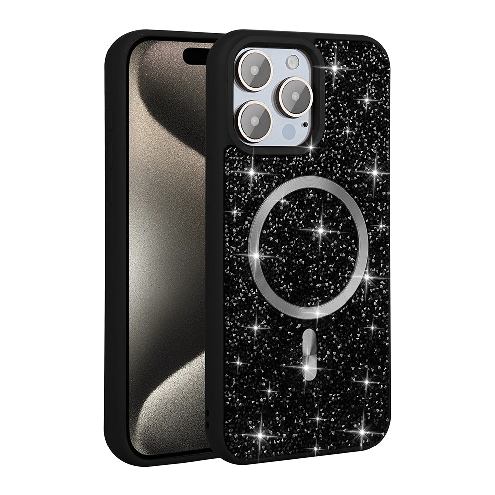 Apple iPhone 15 Pro Kılıf Pırlanta Tasarımlı M-safe Şarj Özellikli Zore Mozaik Silikon Kapak Siyah