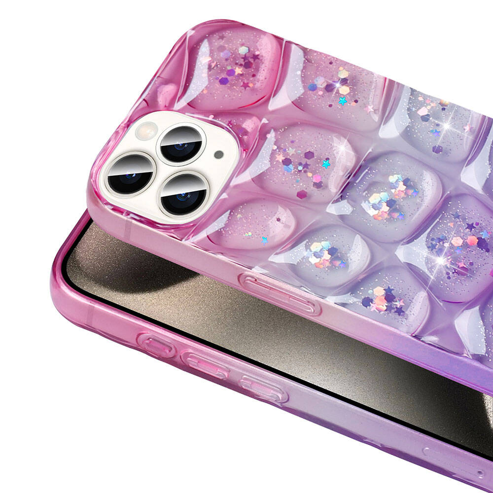 Apple iPhone 15 Pro Kılıf Simli 3D Desenli Zore Hacar Kapak Pembe-Mavi