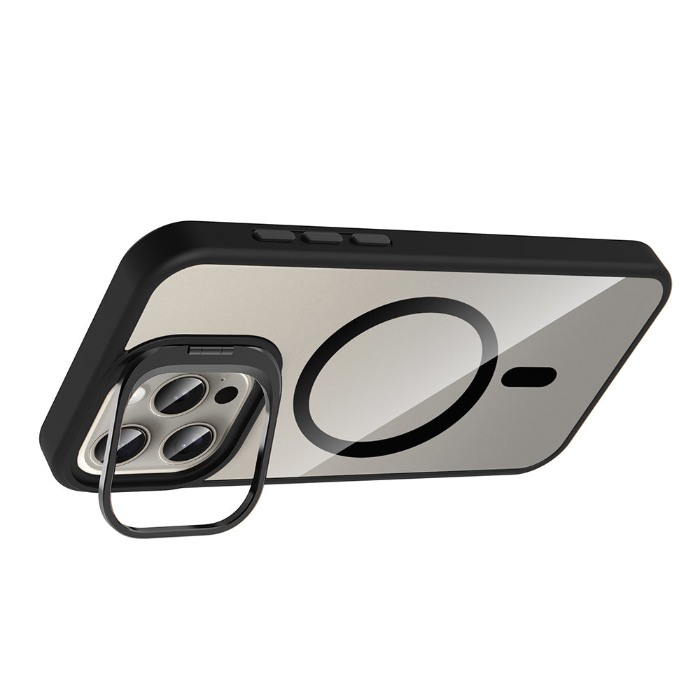 Apple iPhone 15 Pro Kılıf Standlı ve Kamera Lens Hediyeli M-Safe Şarj Özellikli Zore Etro Kapak Derin Mor