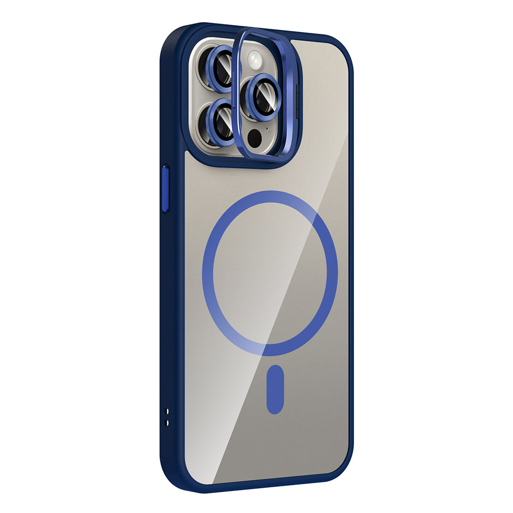 Apple iPhone 15 Pro Kılıf Standlı ve Kamera Lens Hediyeli M-Safe Şarj Özellikli Zore Etro Kapak Derin Mor