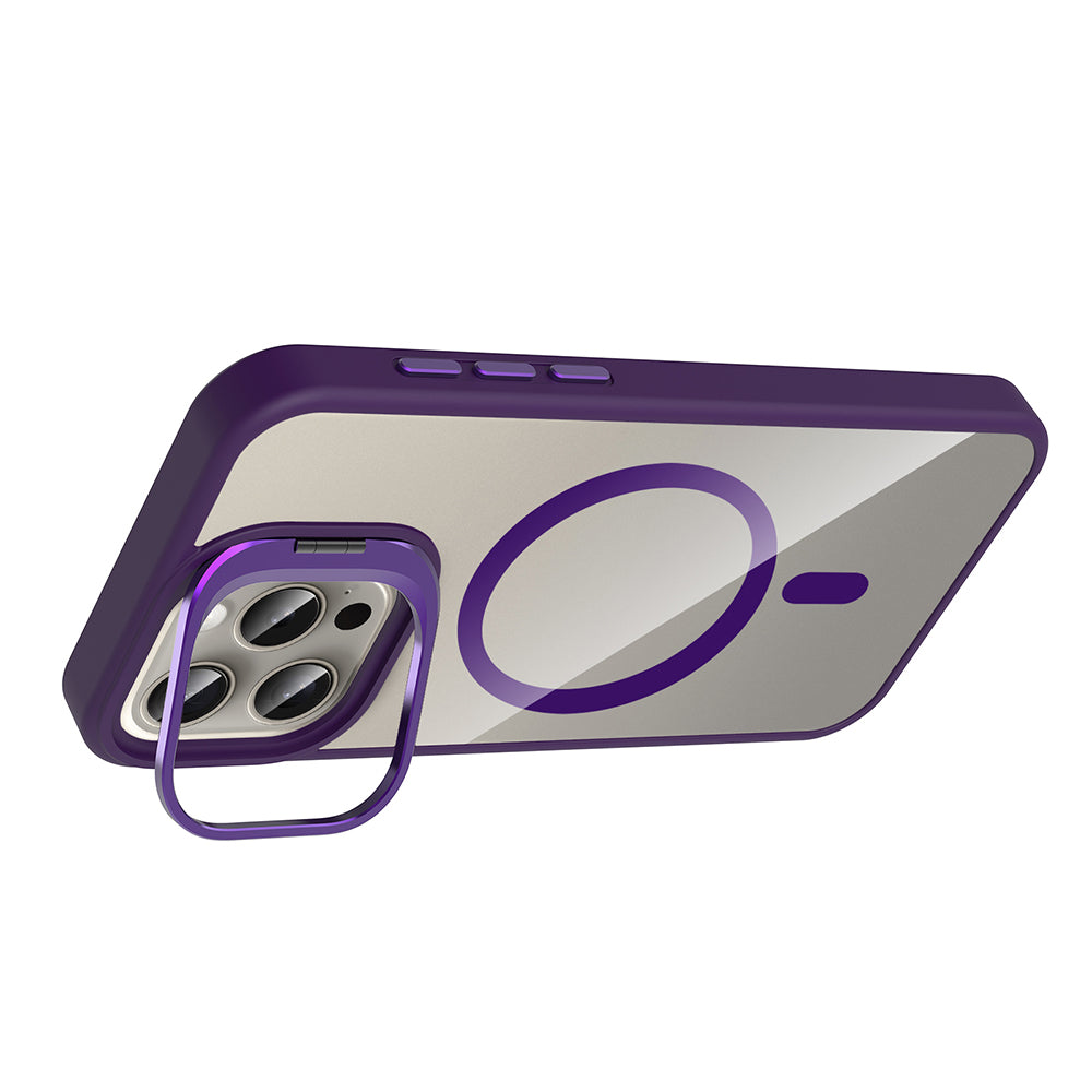 Apple iPhone 15 Pro Kılıf Standlı ve Kamera Lens Hediyeli M-Safe Şarj Özellikli Zore Etro Kapak Gri