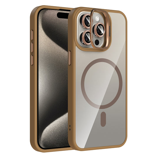 Apple iPhone 15 Pro Kılıf Standlı ve Kamera Lens Hediyeli M-Safe Şarj Özellikli Zore Etro Kapak Desert Titanyum