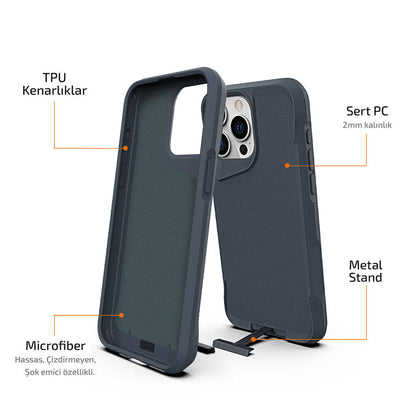 Apple iPhone 15 Pro Kılıf Zore Airbag Kenarlı T-Max Mat Standlı Kapak Gri