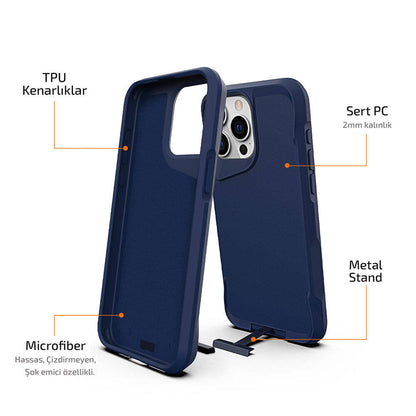 Apple iPhone 15 Pro Kılıf Zore Airbag Kenarlı T-Max Mat Standlı Kapak Lacivert