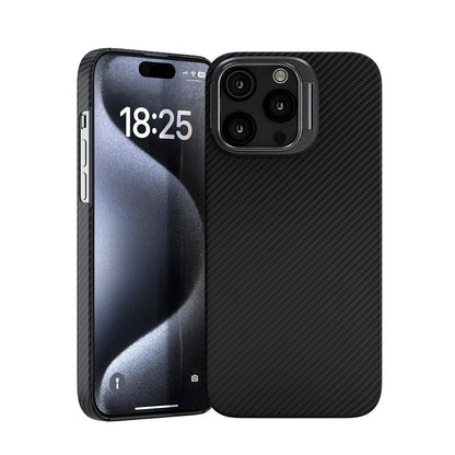 Apple iPhone 15 Pro Max Kılıf M-safe Şarj Özellikli 600D Kevlar Zore Krek Karbon Standlı Kapak Siyah