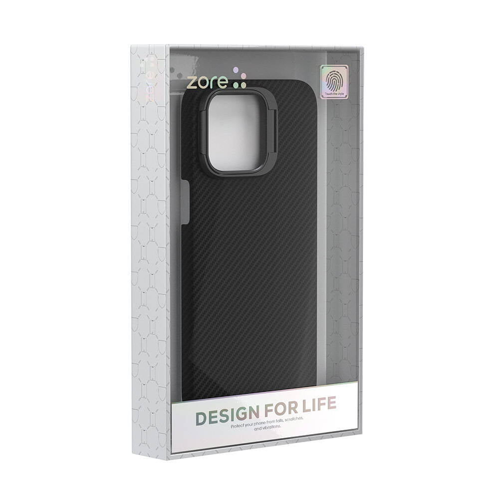 Apple iPhone 15 Pro Max Kılıf M-safe Şarj Özellikli 600D Kevlar Zore Krek Karbon Standlı Kapak Siyah