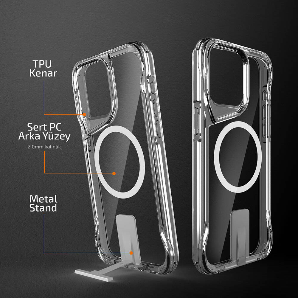 Apple iPhone 15 Pro Max Kılıf M-safe Şarj Özellikli Zore T-Max Standlı Kapak Renksiz