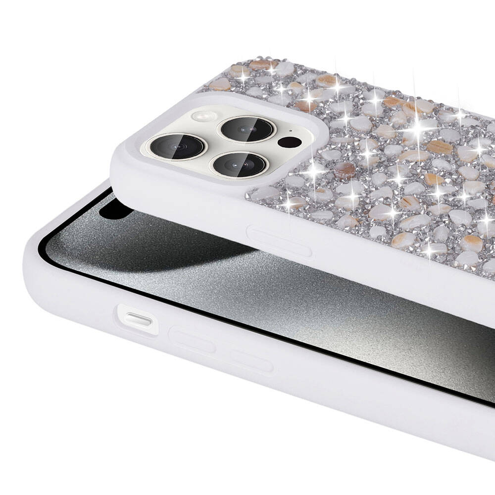 Apple iPhone 15 Pro Max Kılıf Parlak Taşlı Tasarım Zore Linea Diamond Kapak Beyaz