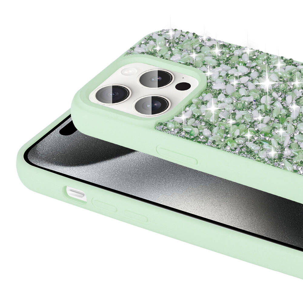 Apple iPhone 15 Pro Max Kılıf Parlak Taşlı Tasarım Zore Linea Diamond Kapak Mavi Açık