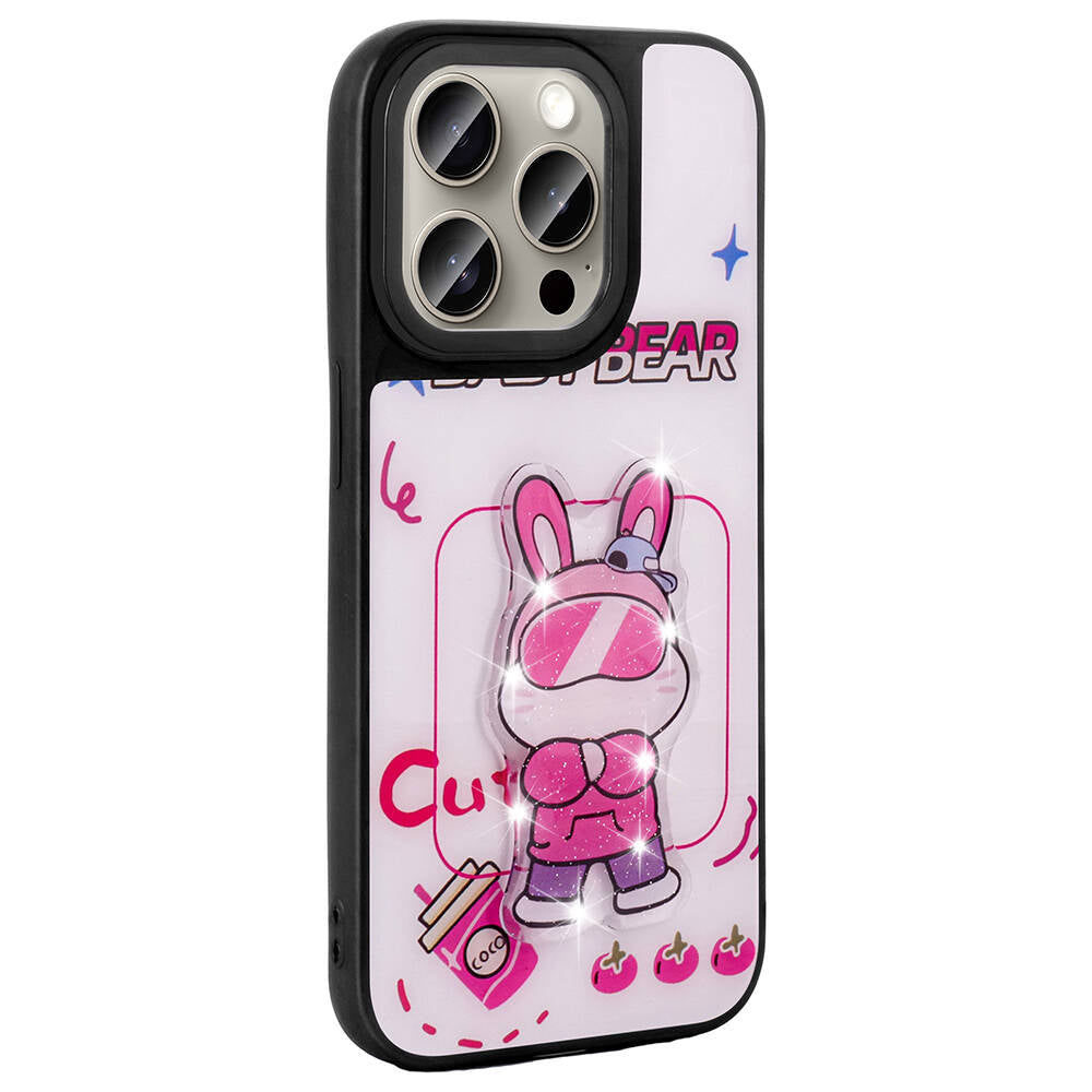 Apple iPhone 15 Pro Max Kılıf Parlayan Kabartmalı İkonik Figürlü Zore Amas Silikon Kapak Pembe