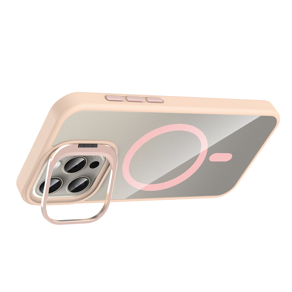 Apple iPhone 15 Pro Max Kılıf Standlı ve Kamera Lens Hediyeli M-Safe Şarj Özellikli Zore Etro Kapak Pembe