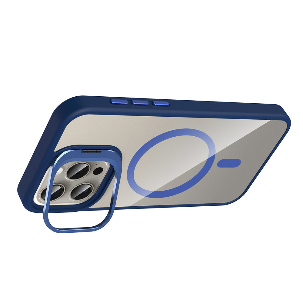 Apple iPhone 15 Pro Max Kılıf Standlı ve Kamera Lens Hediyeli M-Safe Şarj Özellikli Zore Etro Kapak Desert Titanyum