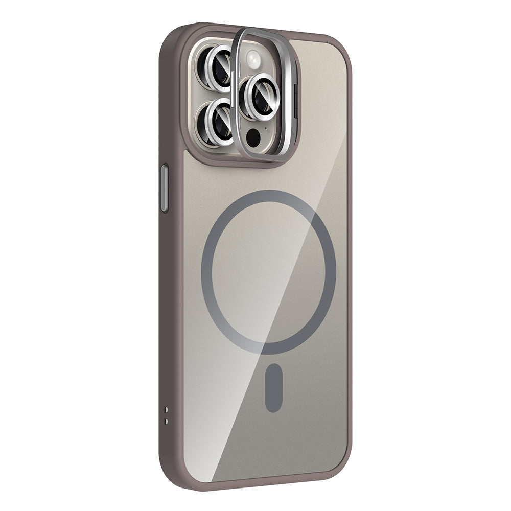 Apple iPhone 15 Pro Max Kılıf Standlı ve Kamera Lens Hediyeli M-Safe Şarj Özellikli Zore Etro Kapak Pembe