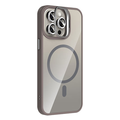 Apple iPhone 15 Pro Max Kılıf Standlı ve Kamera Lens Hediyeli M-Safe Şarj Özellikli Zore Etro Kapak Gri