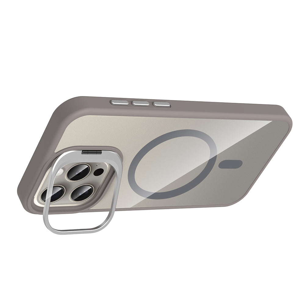 Apple iPhone 15 Pro Max Kılıf Standlı ve Kamera Lens Hediyeli M-Safe Şarj Özellikli Zore Etro Kapak Derin Mor