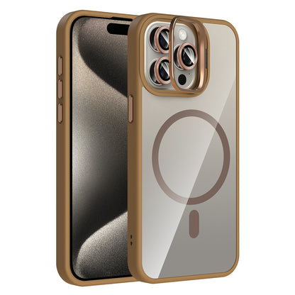 Apple iPhone 15 Pro Max Kılıf Standlı ve Kamera Lens Hediyeli M-Safe Şarj Özellikli Zore Etro Kapak Desert Titanyum