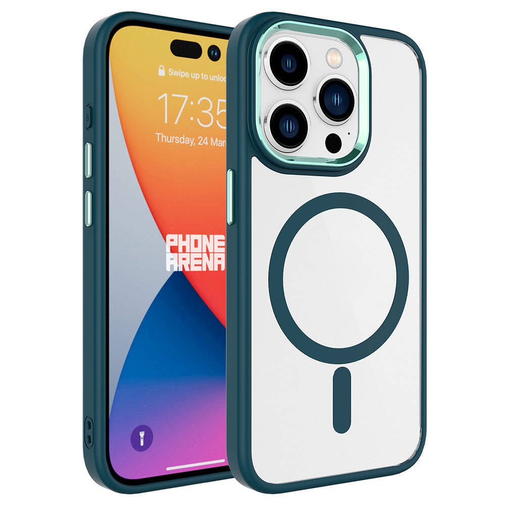 Apple iPhone 15 Pro Max Kılıf Wireless Şarj Özellikli Zore Krom M-safe Silikon Kapak Koyu Yeşil