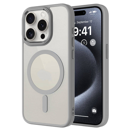 Apple iPhone 15 Pro Max Kılıf Wireless Şarj Özellikli Zore Krom M-safe Silikon Kapak Gri